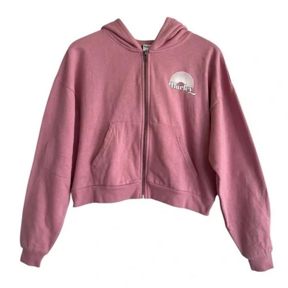 Hurley Womens Pink‎ Cropped Hooded Jacket Full Zip Fleece Hoodie Medium NWT